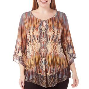 One World Women's 3/4 Sleeve Knit Peasant Top‎ with Woven Contrast Hem